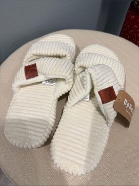 Cream Corduroy Ribbed Slide Slippers for Women Size 7-8 Neutral Comfy Fit Boho